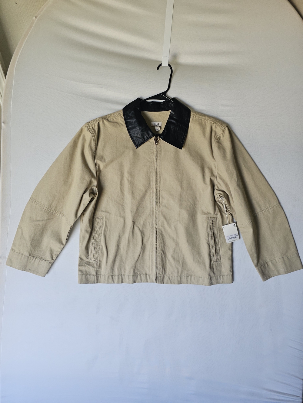 a.n.a a new approach Beige Cotton Full Zip Jacket Coat Faux Leather Collar L NWT - Picture 4 of 16